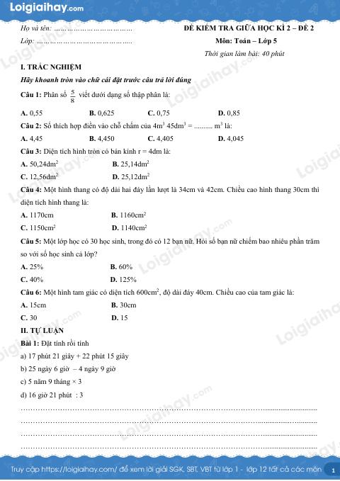 Đề số 2 - Đề kiểm tra giữa học kì 2 - Toán lớp 5